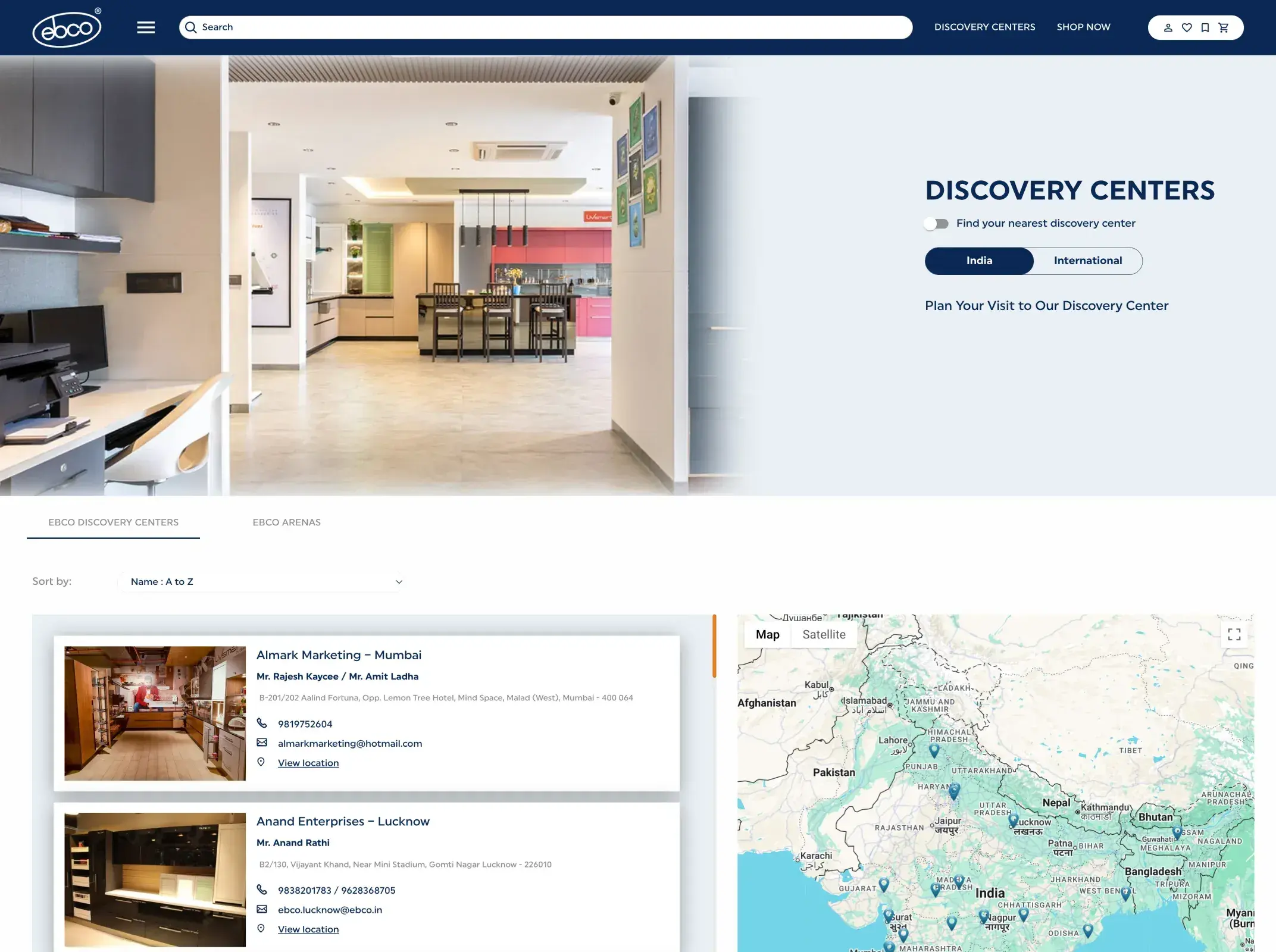 Ebco Discovery Centers page listing showrooms beside a map
