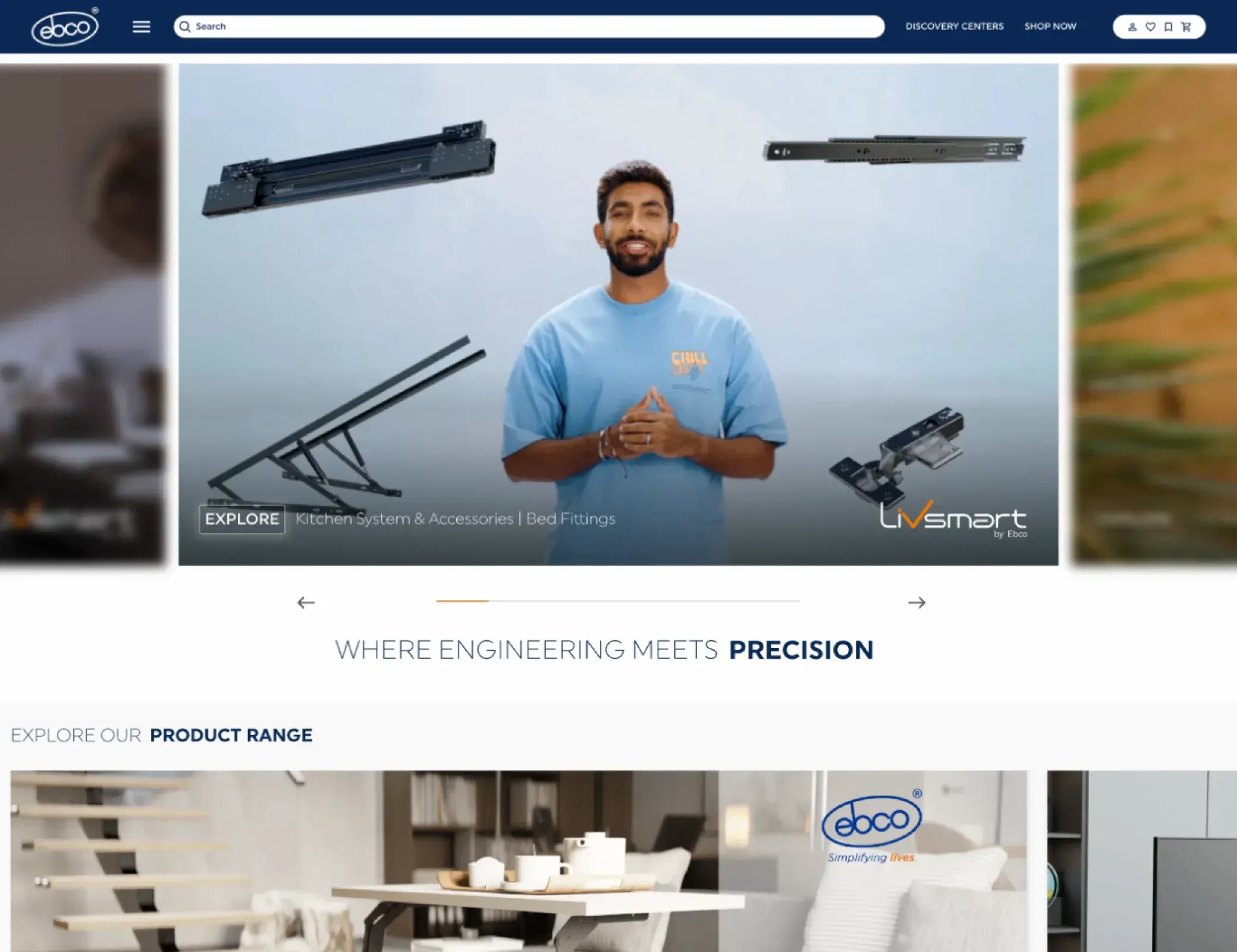 Ebco home page with a product video hero and the product range below