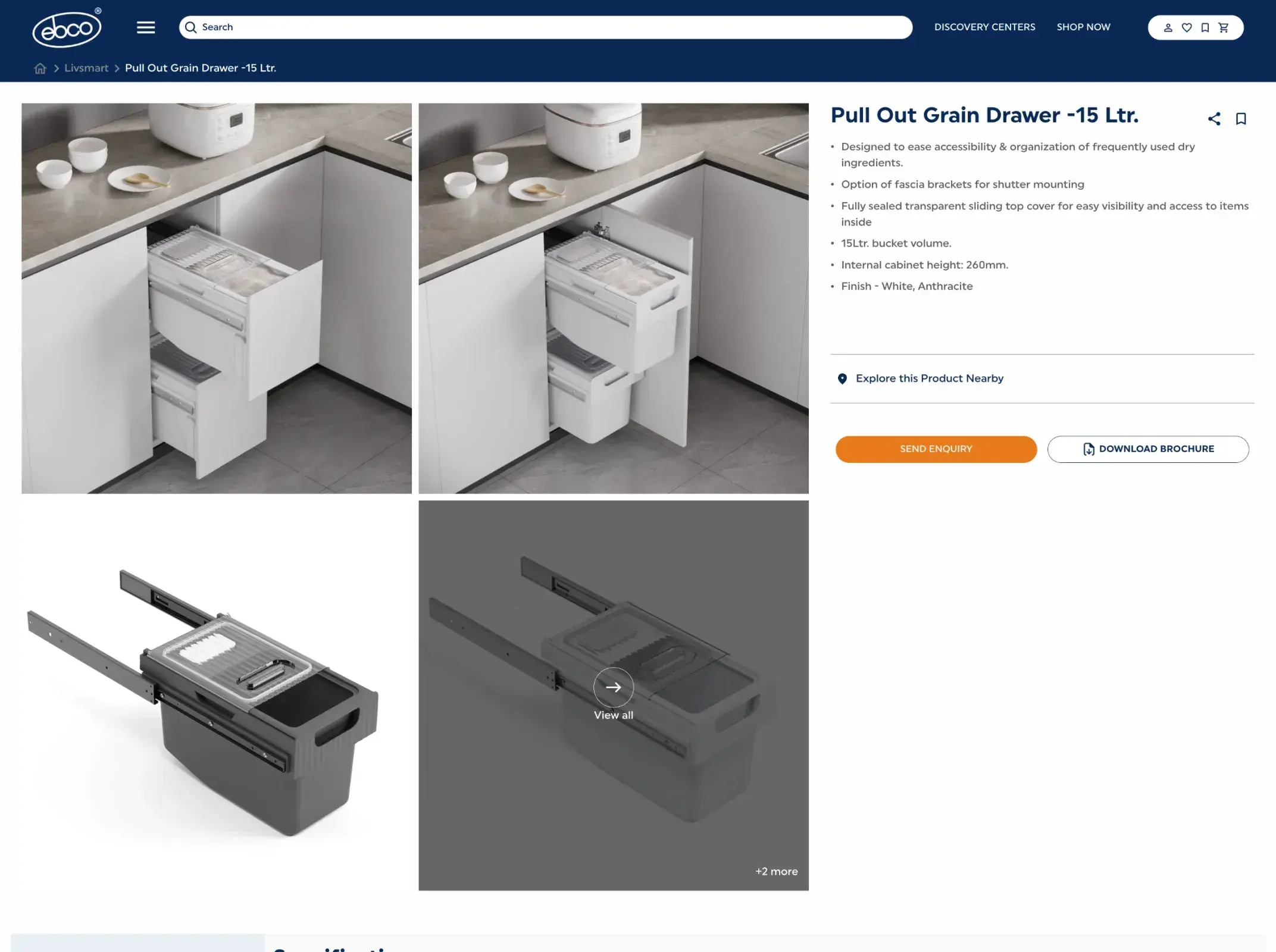 Ebco product detail page for a pull-out drawer with gallery, specifications, enquiry and brochure download