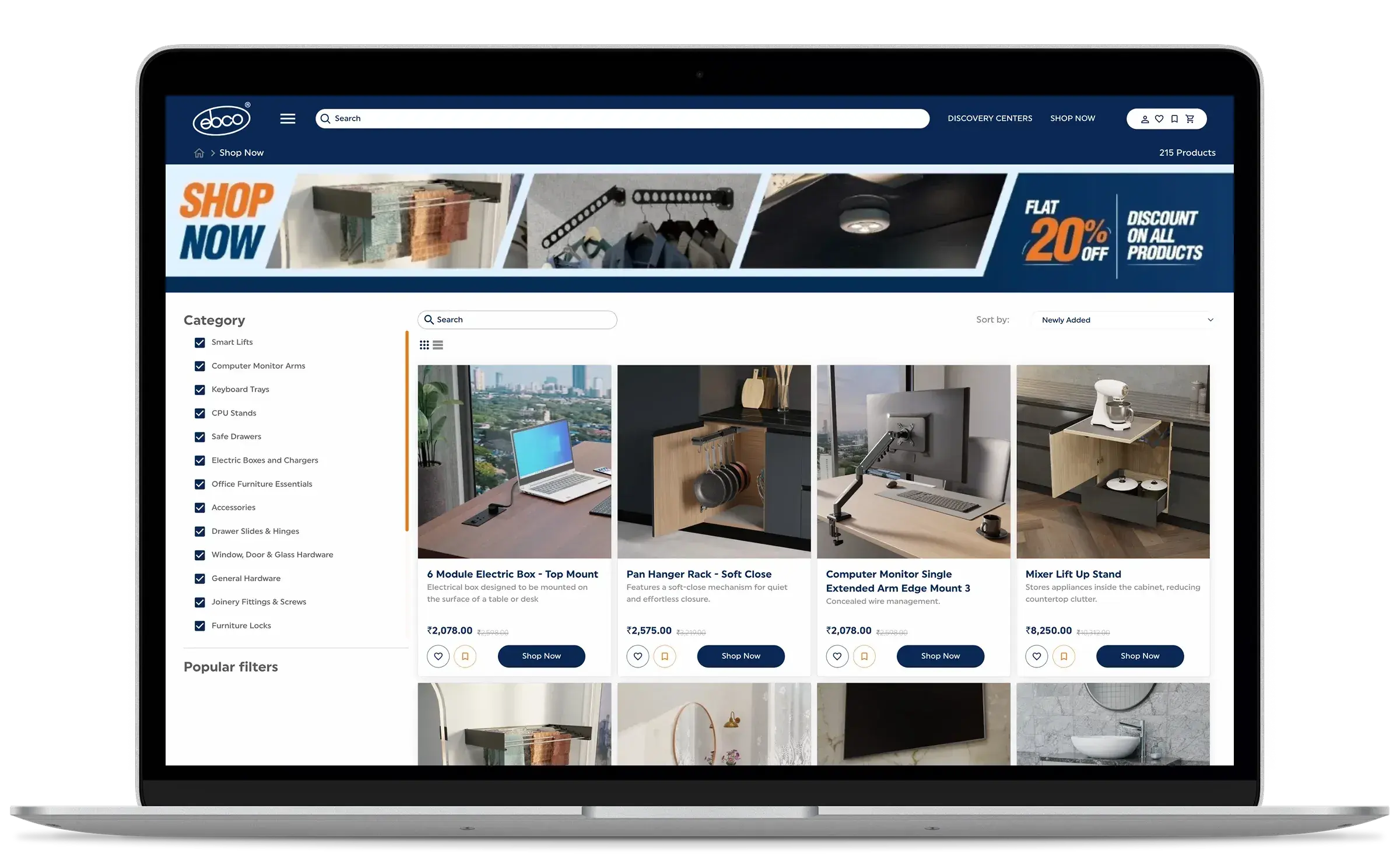 Ebco shop page with category filters and a product grid, shown on a laptop