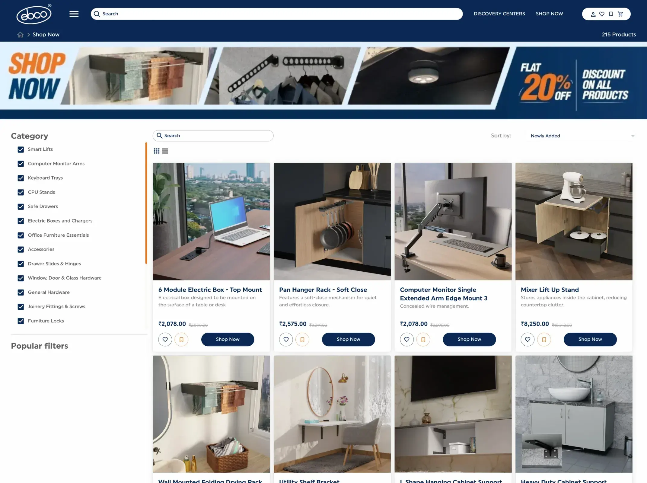 Ebco shop page with a promotion banner, category filters and a product grid