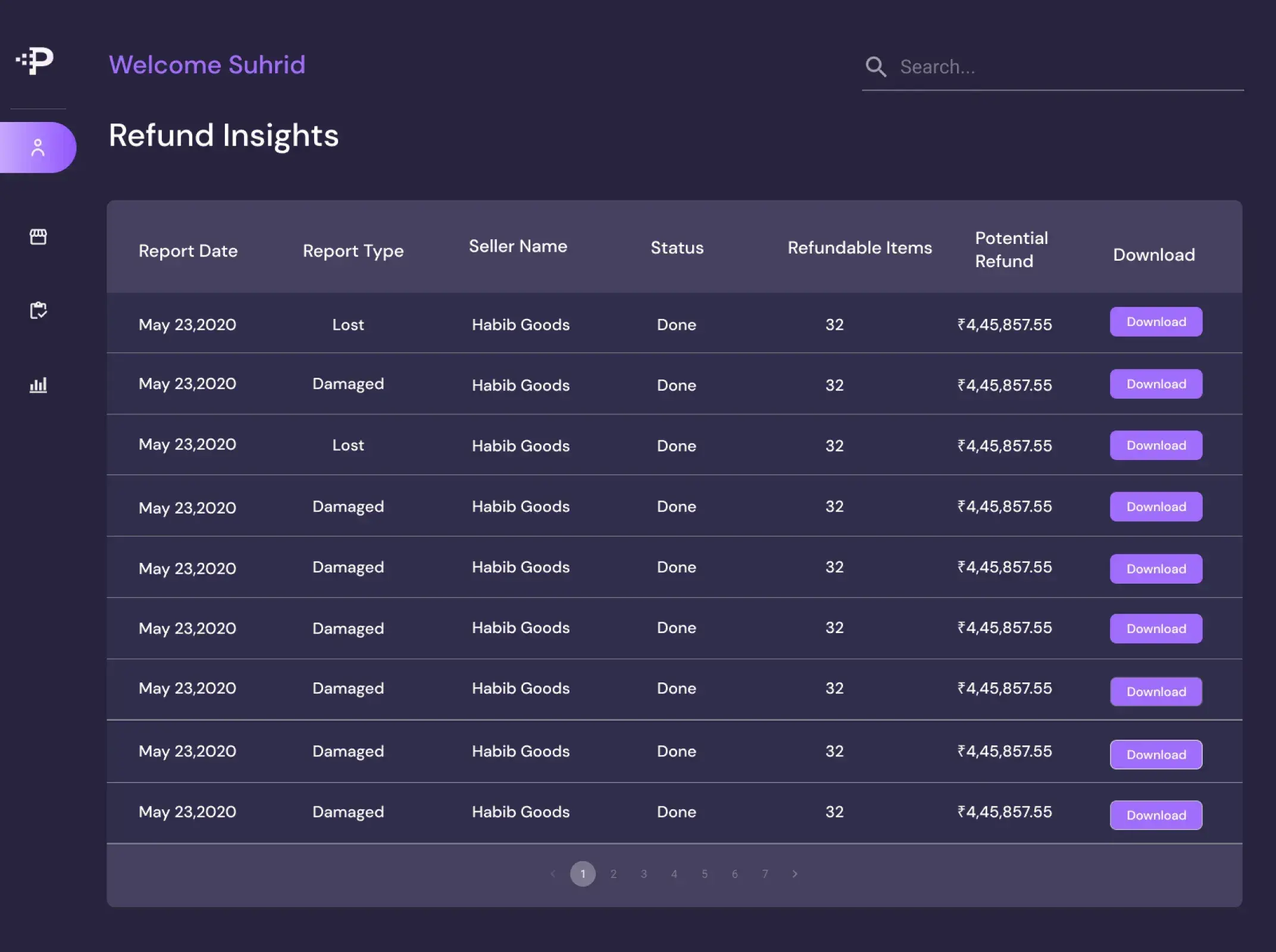 EcommPulse refund insights table with report type, status and potential refund