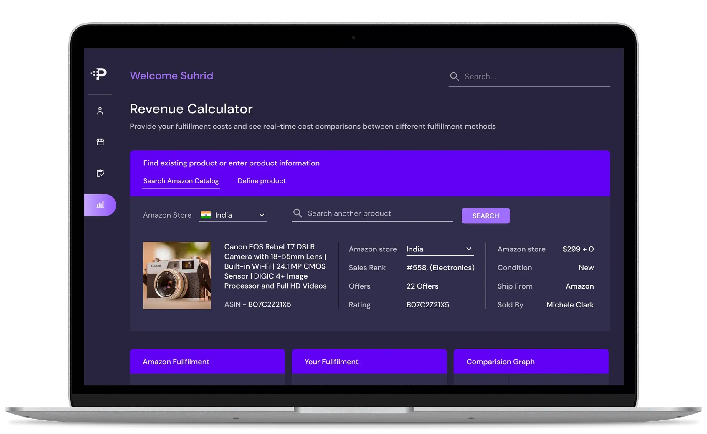 EcommPulse revenue calculator comparing marketplace fulfilment with own fulfilment, shown on a laptop