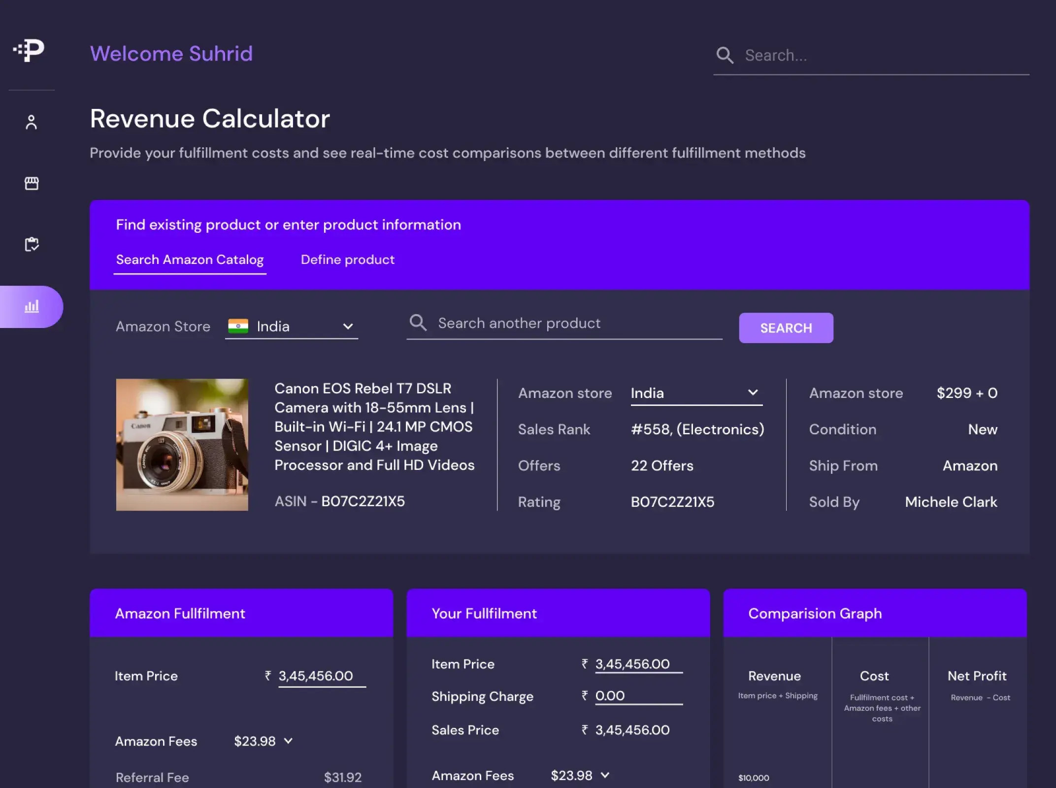 EcommPulse revenue calculator looking up a product and comparing fulfilment costs