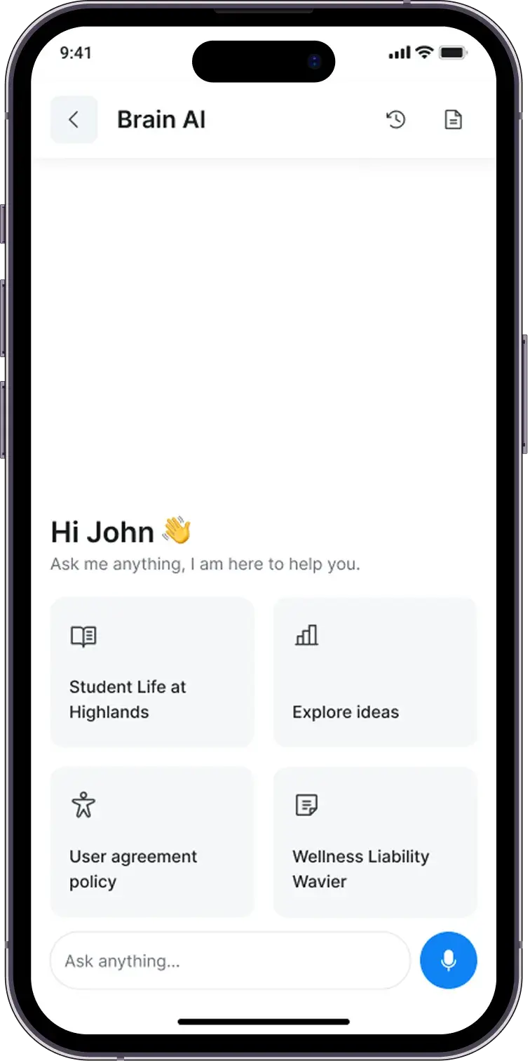Highlands Brain AI assistant home screen with suggested topics