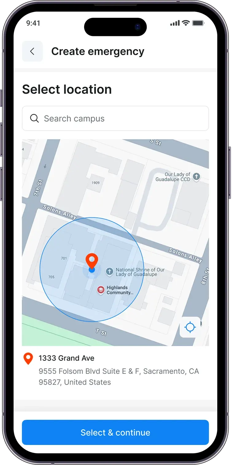 Highlands emergency report with campus location selection on a map