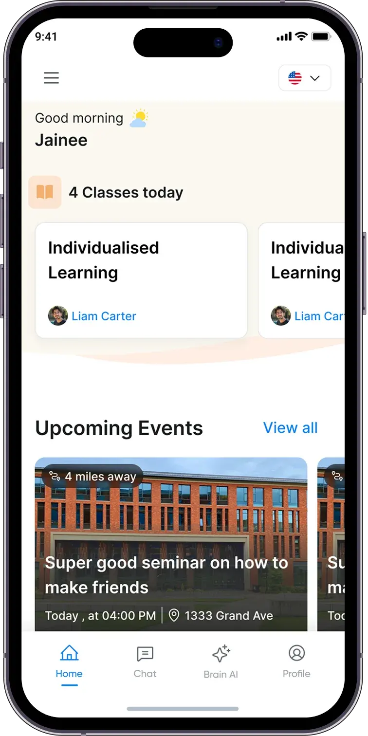 Highlands student home screen with today's classes and upcoming events
