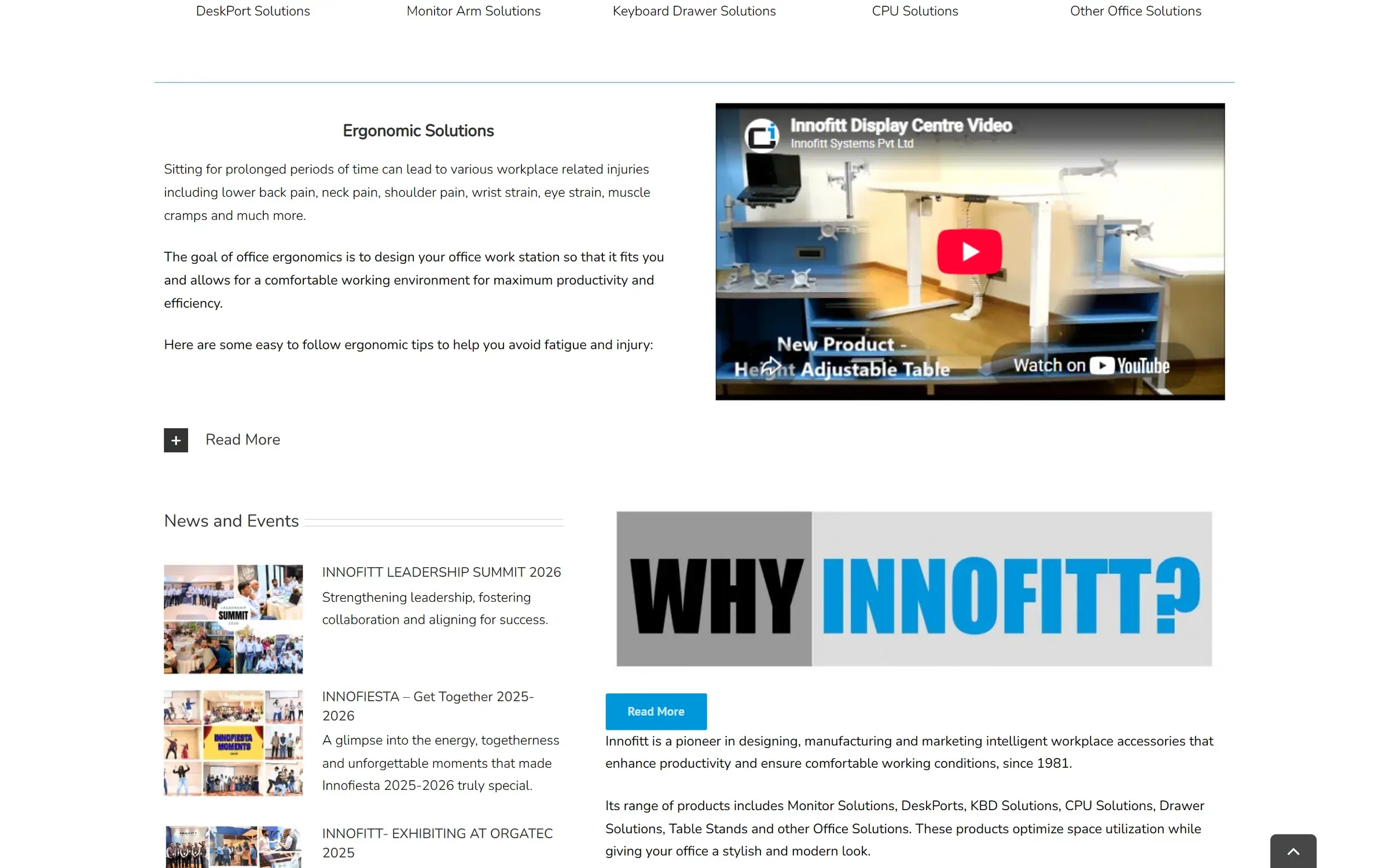 Innofitt home page sections for ergonomic solutions, news and events