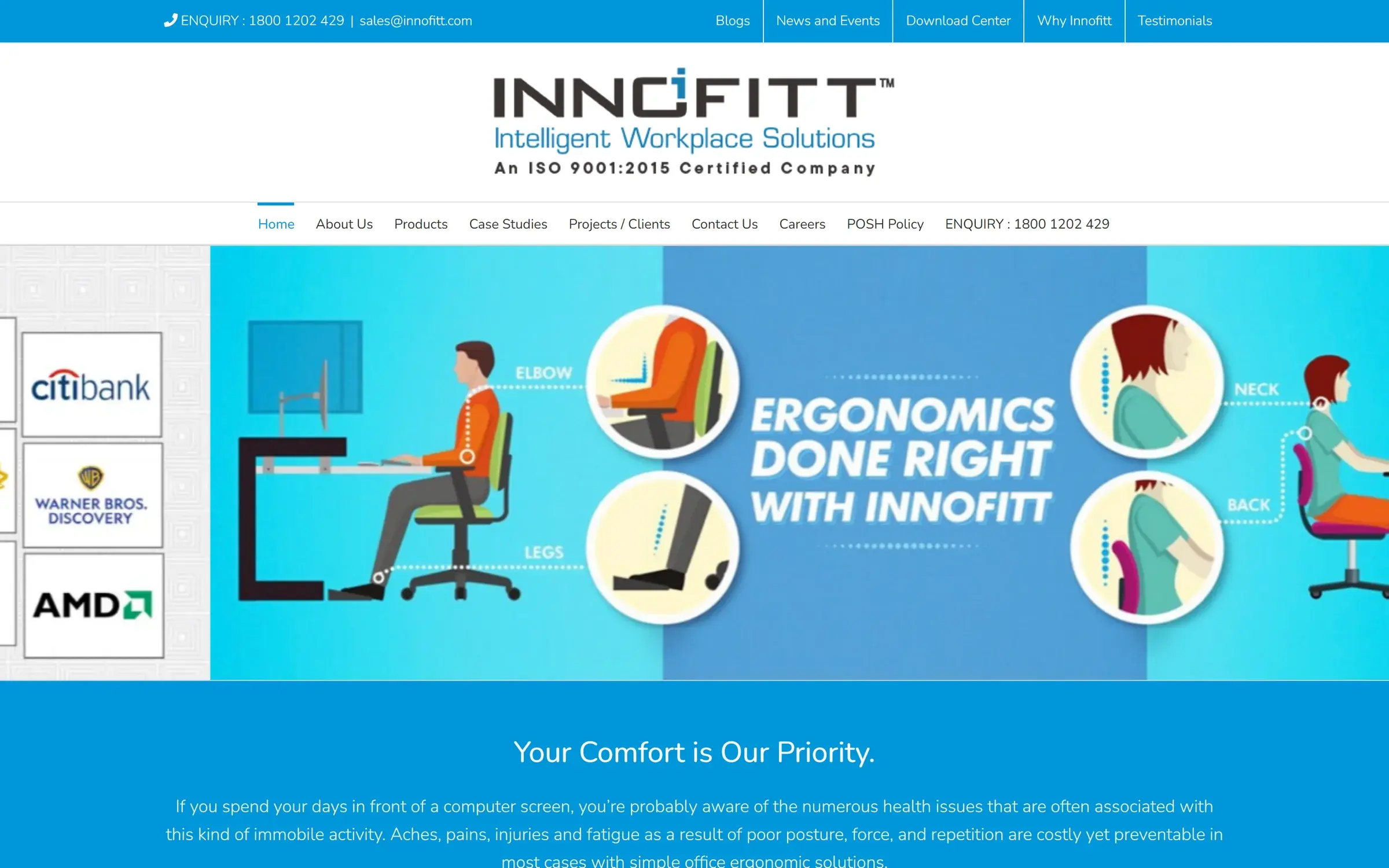 Innofitt home page with an ergonomics banner and enquiry details in the header