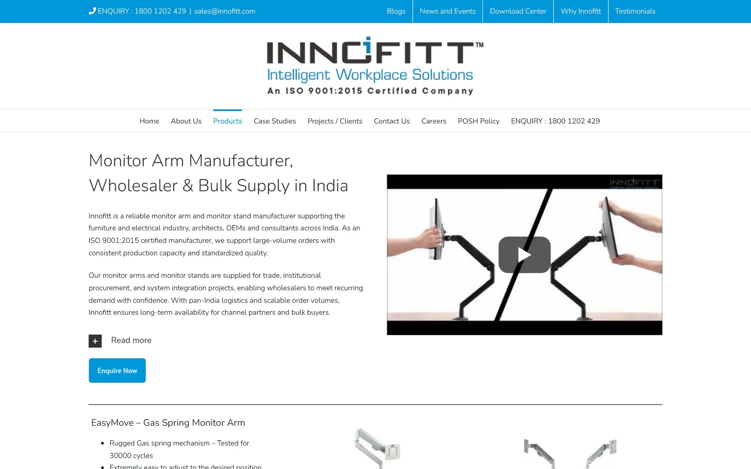 Innofitt monitor arm solutions page with product video and Enquire Now button