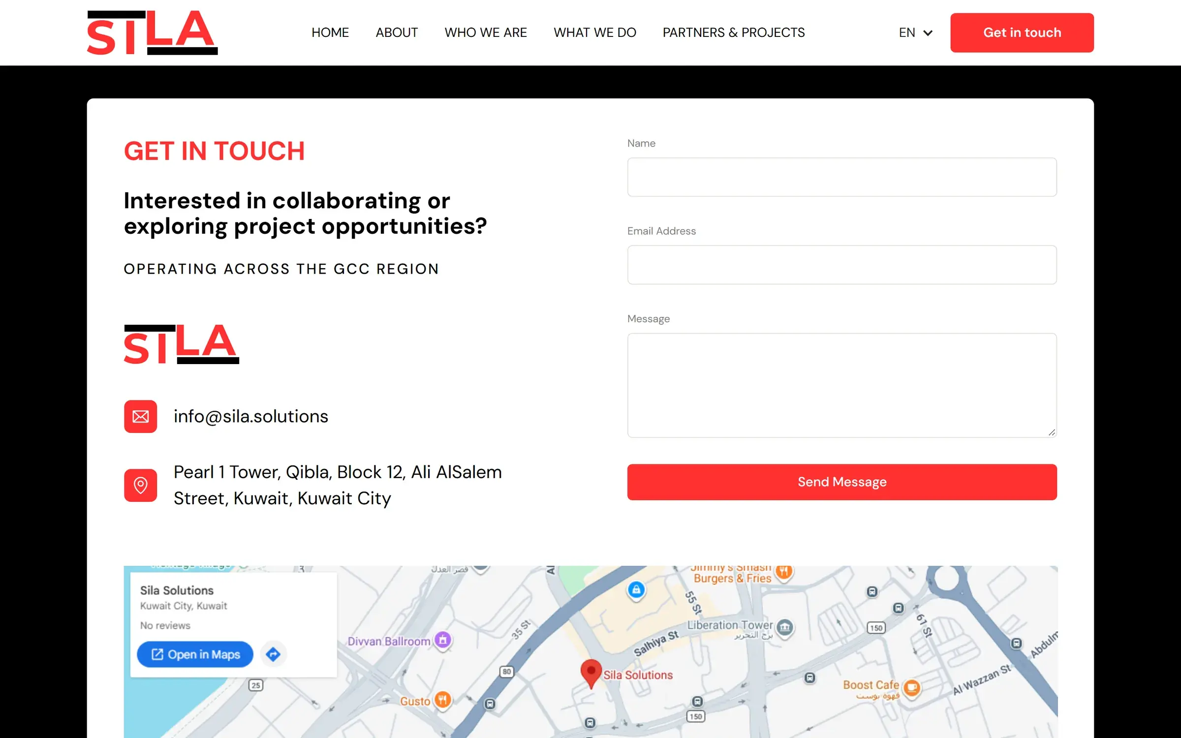 Sila Solutions contact section with form, office address and map