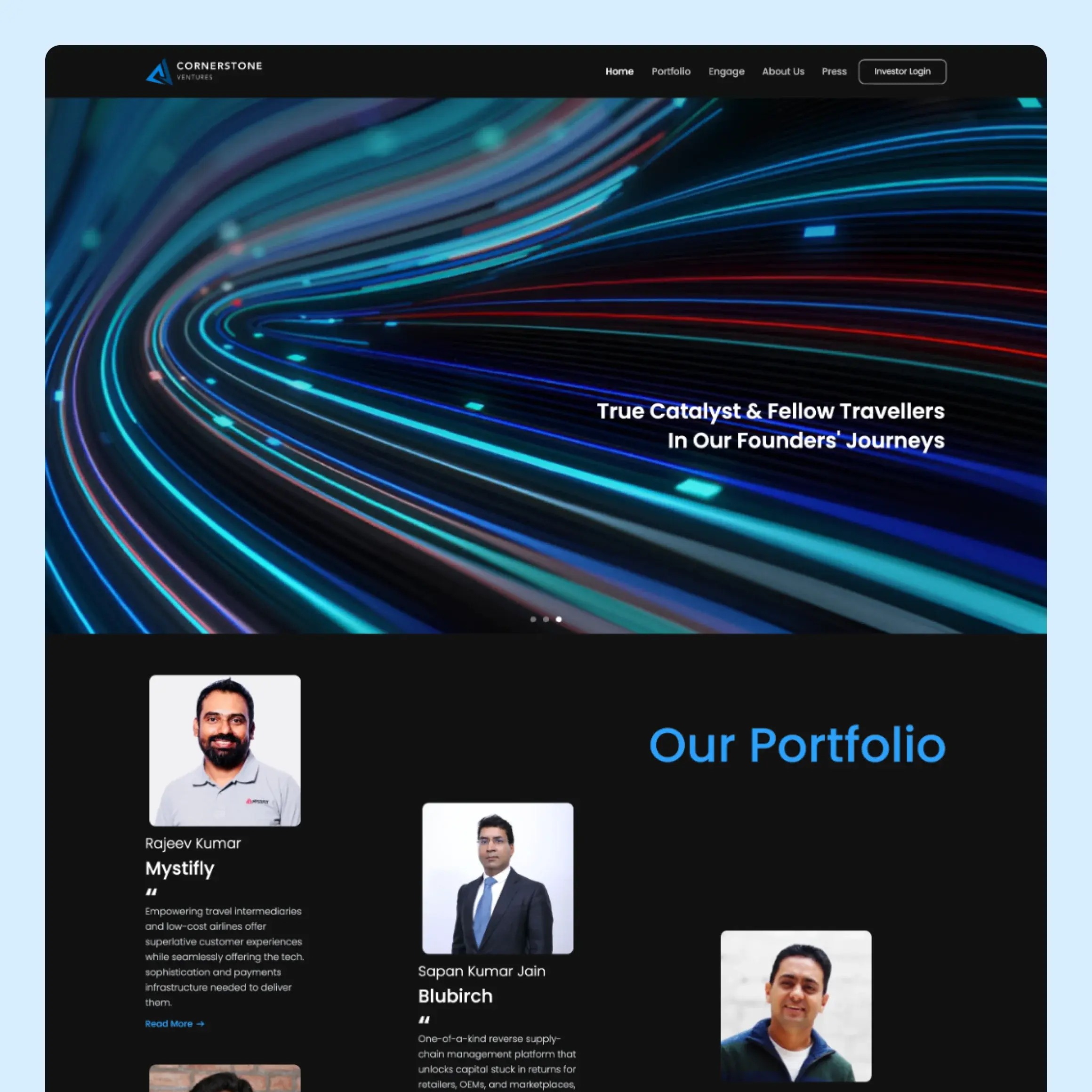 Cornerstone Ventures home page with the portfolio founders